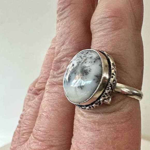 💕 Dendritic agate round gray silver overlay gemstone ring stamped 925 adjustable - Picture 2 of 7
